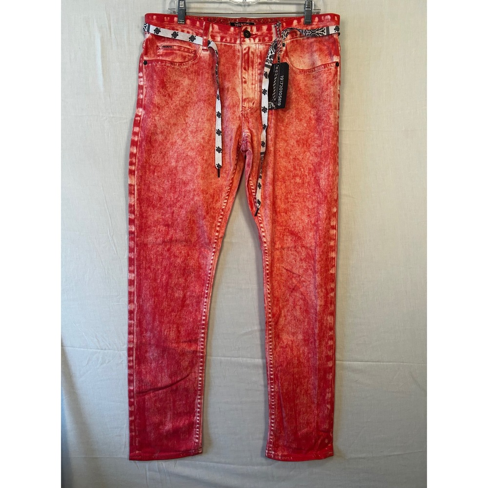 Trukfit Mens Red Acid Wash Straight Leg Streetwear Jeans Size 34 Paisley Belt